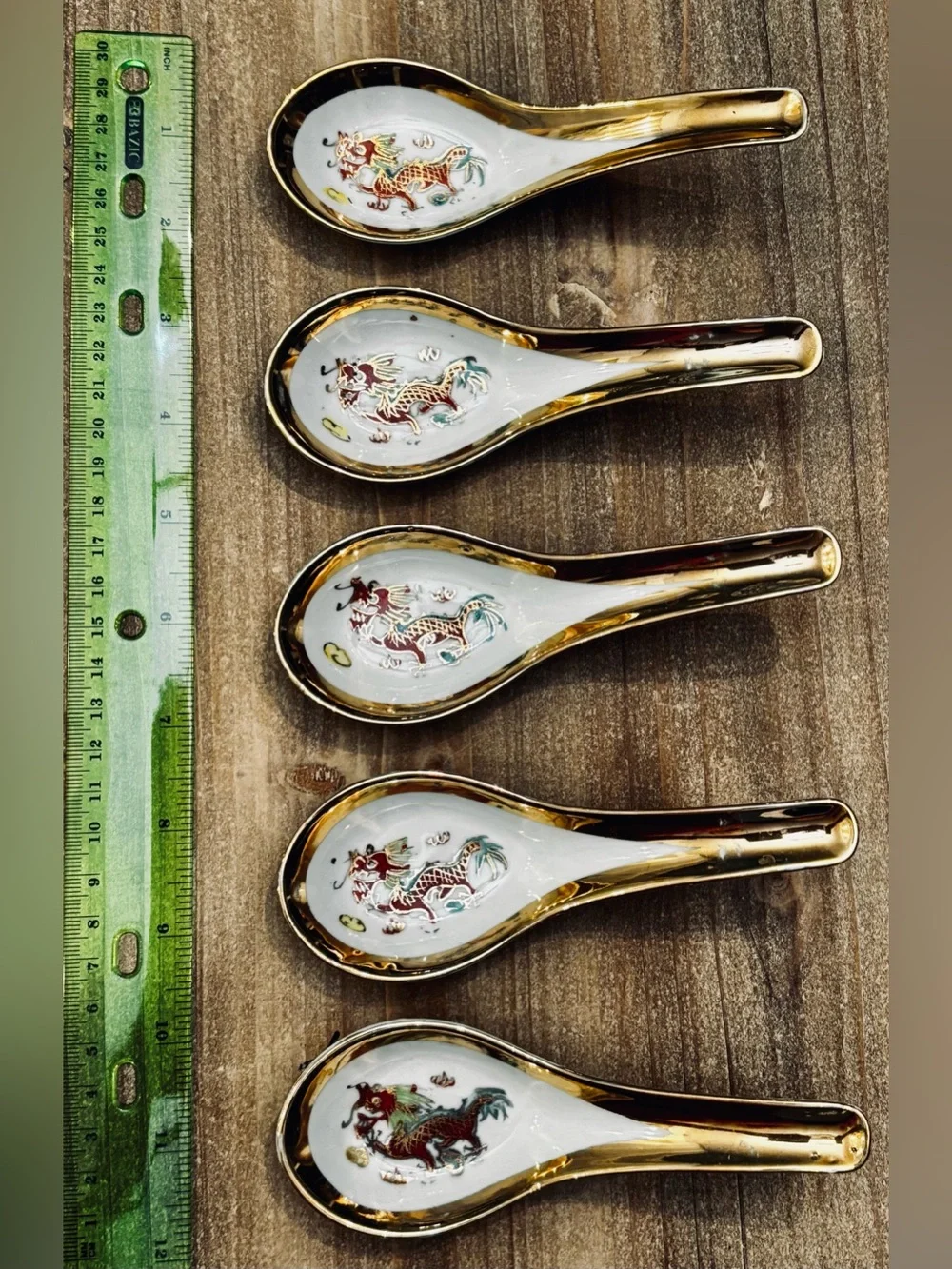 Decorative Golden Dragon Porcelain Hand Painted Spoon Set Gold-Trim White (5)